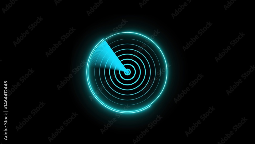 Poster neon blue radar screen detecting targets circular scan pattern against a deep black background illus