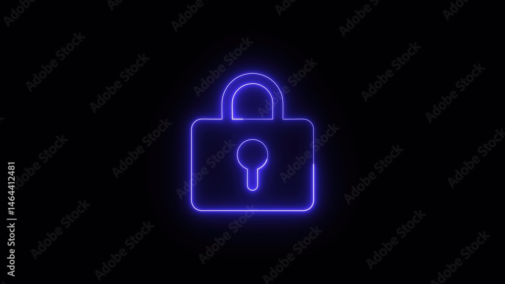 Poster neon glow lock icon on black background representing security and privacy digital protection data en