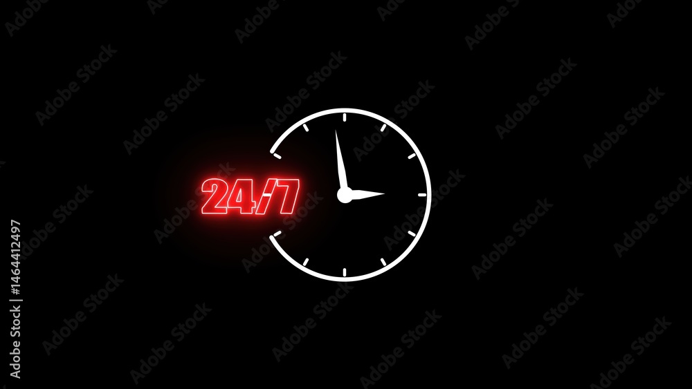 Poster 24/7 customer support concept presented with a clock and neon effect for always available services