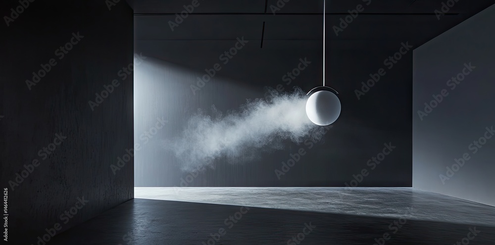 Poster a glowing circular light fixture suspended in a dark space. surrounded by soft smoke. creating an et