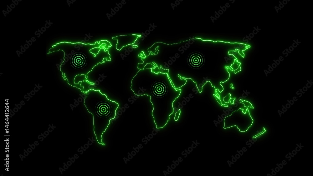 Poster illuminated neon green world map outlines with target circles in a dark background representing glob