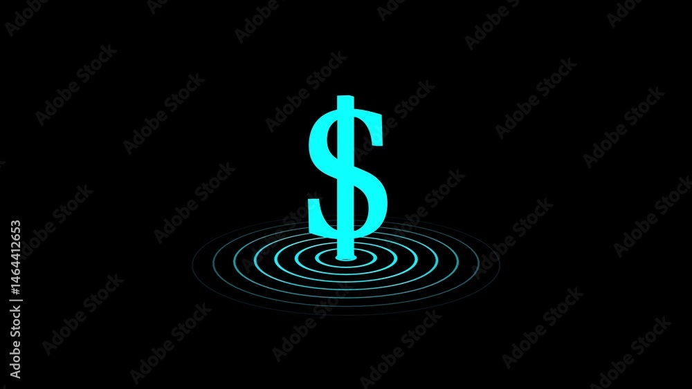 Poster glowing neon dollar symbol centered above concentric circles on black background representing financ
