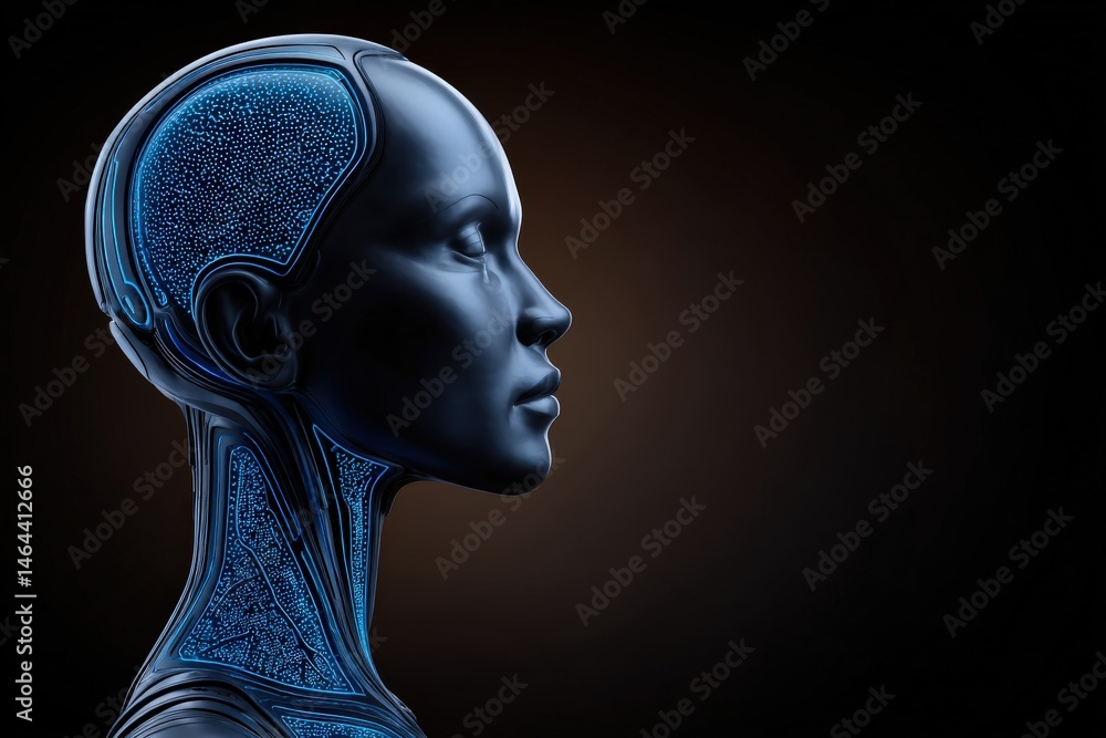 Poster futuristic humanoid robot model displaying intricate blue circuitry details against a dark backdrop 