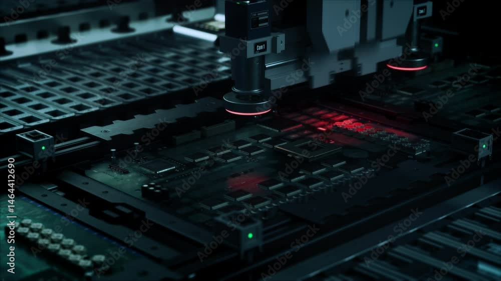 Aufkleber Close Up Macro Footage of Electronic Printed Circuit Board Being Assembled with Automated Robotic Arm, Surface Mounted Technology Connecting Microchips, Semiconductors, Capacitors to the Motherboard