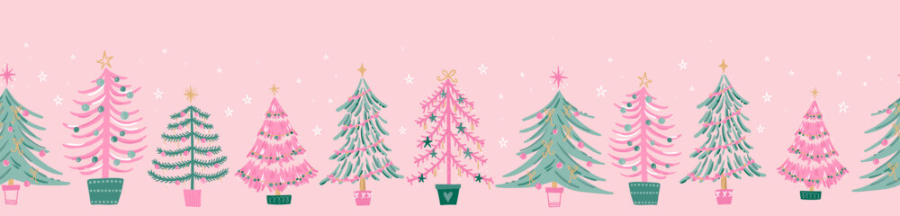 Tacky Christmas Trees seamless pattern, hand drawn with decoration like tinsel, baubles, stars and snow flakes - great for textiles, wallpapers, wrapping - vector design