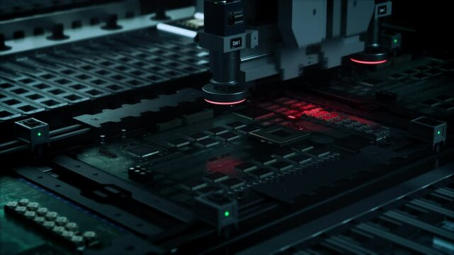 Close Up Macro Footage of Electronic Printed Circuit Board Being Assembled with Automated Robotic Arm, Surface Mounted Technology Connecting Microchips, Semiconductors, Capacitors to the Motherboard