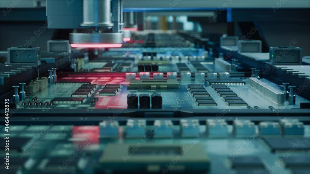 Poster Factory Machine at Work: Printed Circuit Board Being Assembled with Automated Machinery, Surface Mounted Technology Connecting Microchips to the Motherboard. Industrial Macro Close Up Footage