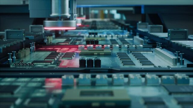 Factory Machine at Work: Printed Circuit Board Being Assembled with Automated Machinery, Surface Mounted Technology Connecting Microchips to the Motherboard. Industrial Macro Close Up Footage