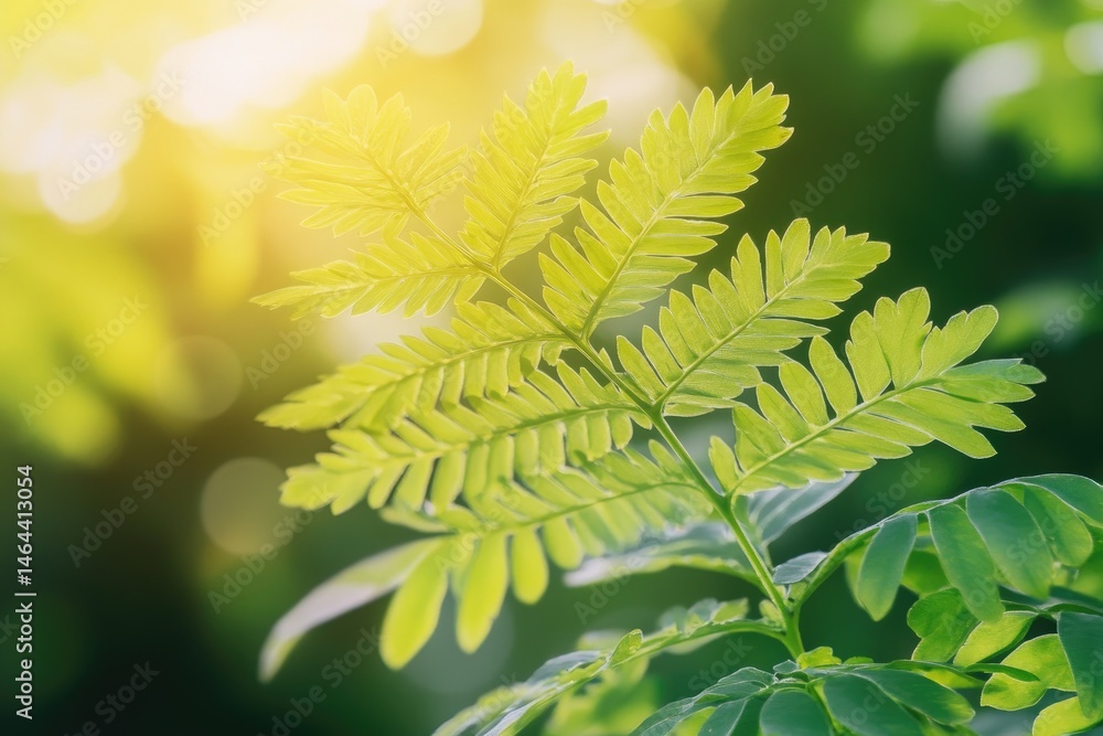 Poster lush green palm leaves basking in warm sunlight. creating a serene atmosphere in a tropical garden. 