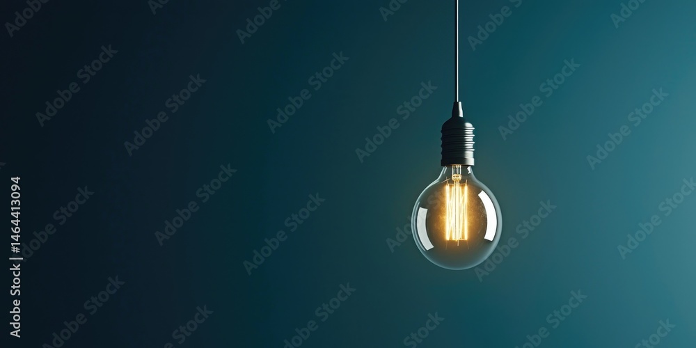 Poster elegant light bulb hanging in air against smooth turquoise background with soft shadows for minimali