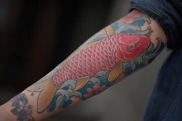Colorful koi fish tattoo design on an arm.