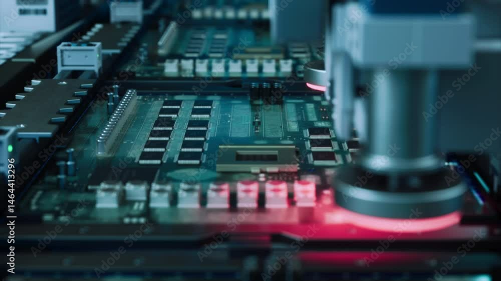 Fototapete Automated Electronic Components Assembly on an Advanced Factory Conveyor, Working on Circuit Board and Chip Manufacturing. Technological Microelectronics Fabrication Industry Footage