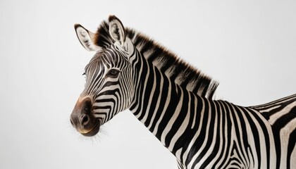 Fototapeta premium A zebra stands in profile, displaying its striking black and white stripe pattern, evoking curiosity about its distinct features and behavior.