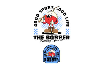 fishing bobber float with round shape retro cartoon character mascot illustration with standing pose, holding fishing rod, showing thumb up for fisherman and fishing sport club mascots and merchandise