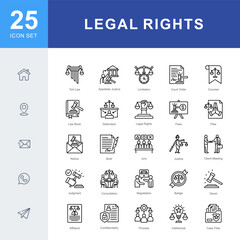 Legal Rights icon set featuring icons for court orders, client representation, justice, documentation, and legal processes. Ideal for law firms, legal education, and rights-based advocacy.