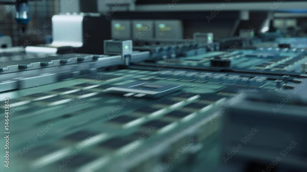 Poster Innovative Manufacturing Factory with Industrial Robots Producing Circuit Boards in a High-Tech Automated Factory. Advanced Facility Building Microelectronics Components with PCB Prototyping Machines