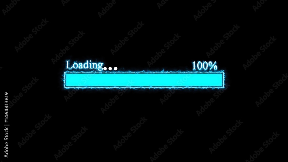 Poster animated progress bar indicating 100 percent completion of a loading process with a bright glowing b