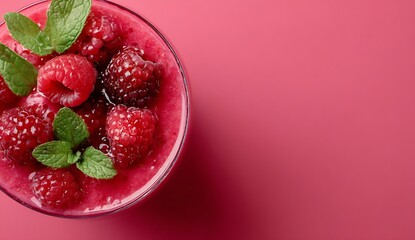 Berries smoothie and mint on top, with fresh raspberries around it