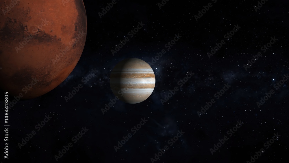Aufkleber jupiter and mars set against a dark starfield depicting space exploration and astronomical wonder in