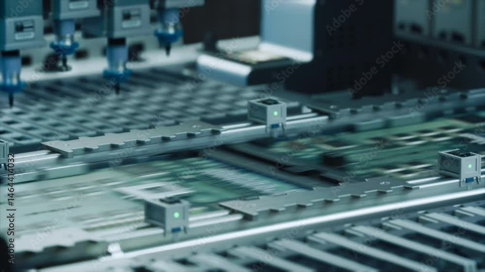 Poster Industrial Robots Producing Circuit Boards on a Conveyor Belt, Implementing Electronic Components. Automation Without Technicians and Engineers in a Futuristic Manufacturing Facility