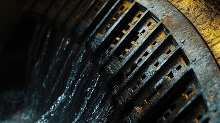Abstract Dark Water Flowing Through Textured Metal Grid