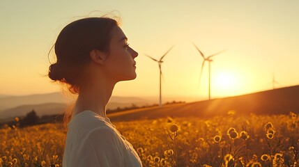 Peaceful young woman in a field at sunset with wind turbines.