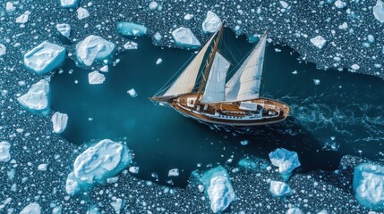 Aerial view of a sailboat navigating through icy waters in a polar region with white sails up high
