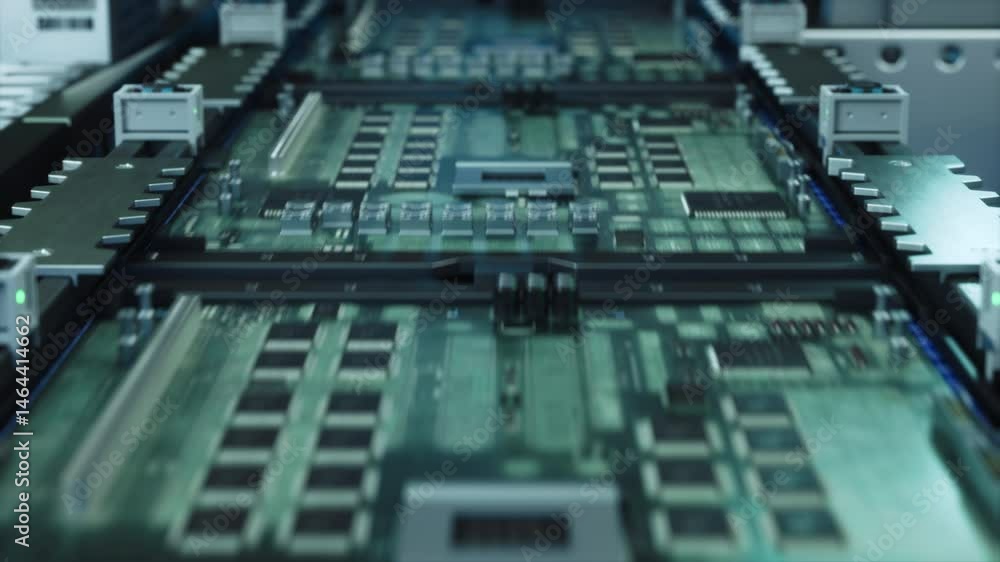 Poster PCB Production Machine at Work: Printed Circuit Board Being Assembled with Automated Machinery, Surface Mounted Technology Connecting Microchips to the Motherboard. Industrial Macro Close Up Footage