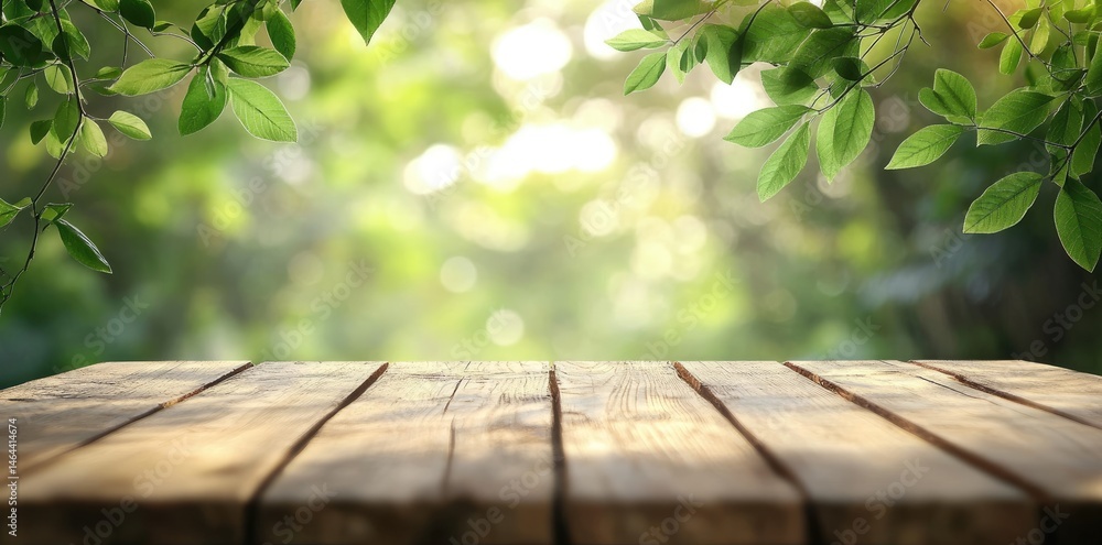 Poster a serene wooden table in a lush green forest. illuminated by soft sunlight. creating a tranquil atmo