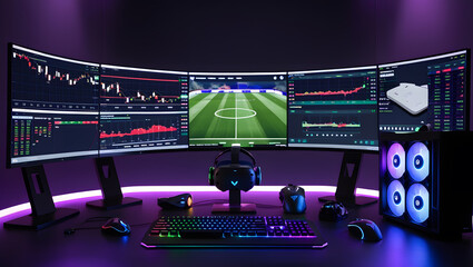 This high-resolution image captures a modern, high-tech trading room setup that doubles as a gaming workstation. The sleek black desk features four curved monitors