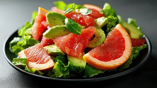 A fresh and vibrant salad showcasing avocados and citrus fruits such as grapefruit and oranges, arranged beautifully for a healthy meal option, perfect for summer.