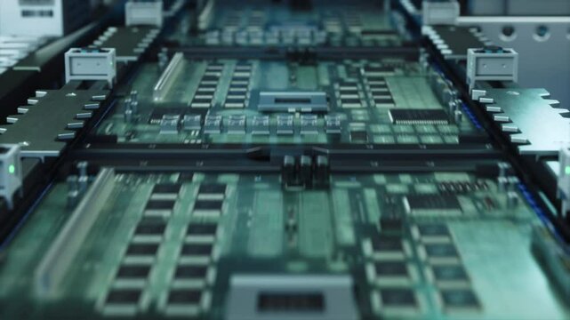 PCB Production Machine at Work: Printed Circuit Board Being Assembled with Automated Machinery, Surface Mounted Technology Connecting Microchips to the Motherboard. Industrial Macro Close Up Footage
