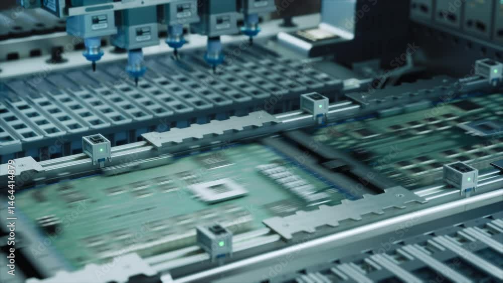 Aufkleber Automated Machinery Assembling Circuit Boards and Graphics Processing Units on a Conveyor. Microelectronics Manufacturing in a Modern Facility. High-Tech Industrial Technology Production