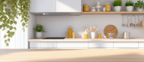 Modern kitchen interior with white cabinets, wooden countertop, potted plants, and stylish kitchen accessories on open shelves.