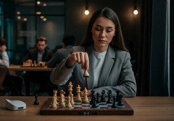 Young woman in gray suit intently playing chess in modern chess lounge.