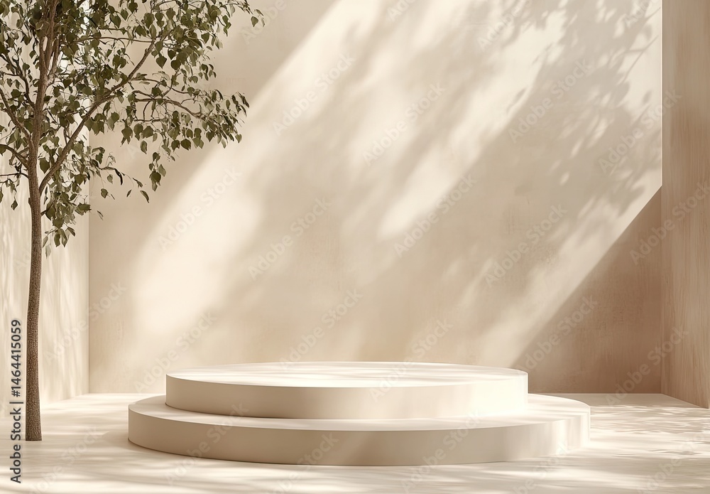 Poster serene minimalist interior featuring two round pedestals on a softly lit stage. surrounded by gentle
