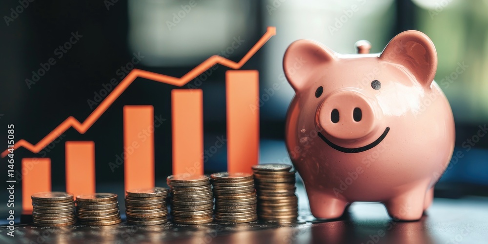 Poster piggy bank surrounded by stacks of coins with a rising graph in the background representing financia