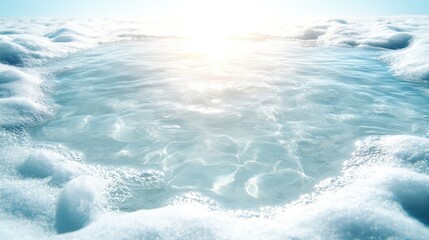 Obraz premium A serene pool of crystal-clear water illuminated by sunlight, surrounded by soft clouds, creating a peaceful and calming atmosphere perfect for relaxation and escape.