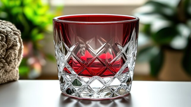 Crimson glass tumbler with diamond cut design