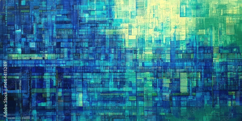Poster Abstract Digital Art with Blue and Green Textures Featuring Geometric Patterns in Vivid Shades for Modern Design and Background Use