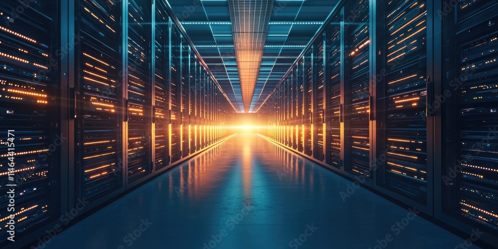 Fototapete Expansive View of a Modern Data Center with Illuminated Server Racks and a Bright Light at the End of the Corridor