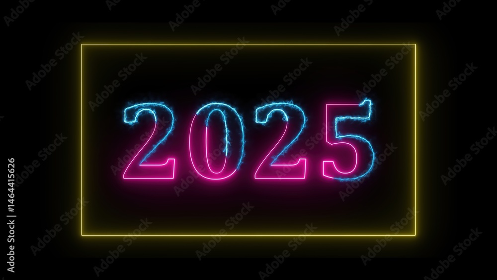 Aufkleber glowing neon 2025 number displayed on a dark background emphasizing the new year concept in futurist