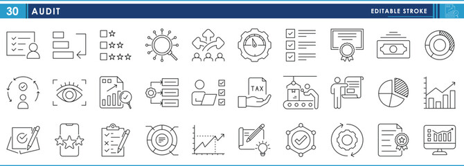 A set of line icons related to Audit. Documents, legal, award, checklist, inspection, graph, and so on. Vector editable stroke.