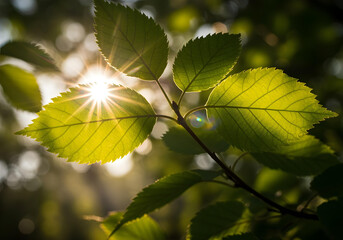 beautiful fall foliage with yellow green leaves backlit by sun creating natural outdoor scenic nature composition
