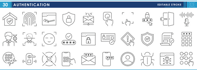 A set of line icons related to Authentication. Security, protection, key, digital, approval, bugs, internet, websites, lock, and so on. Vector editable stroke.