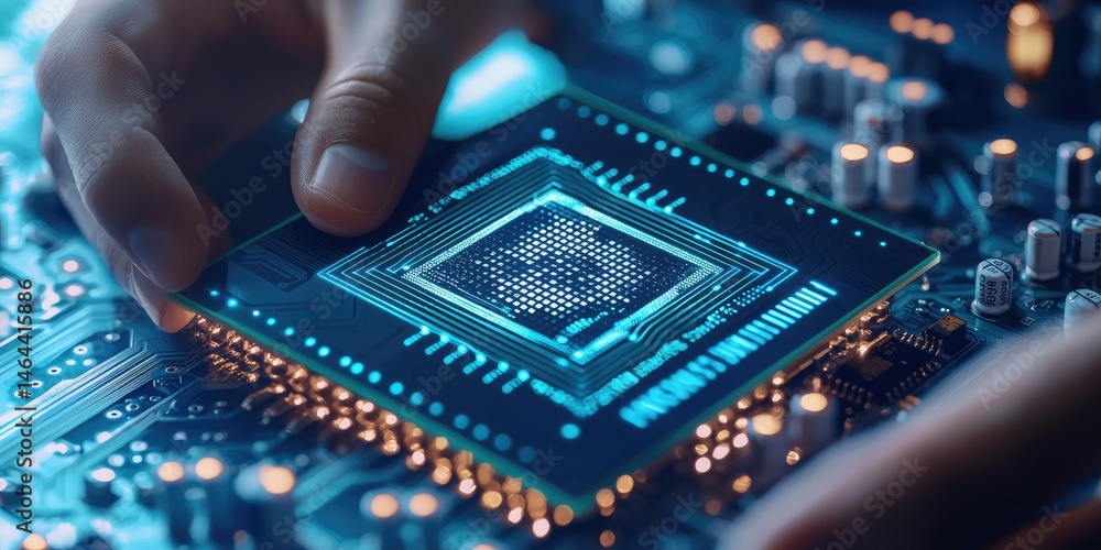 Fototapete Close-up of a person's hand holding a computer microchip over a circuit board, highlighting intricate electronic components and technology details