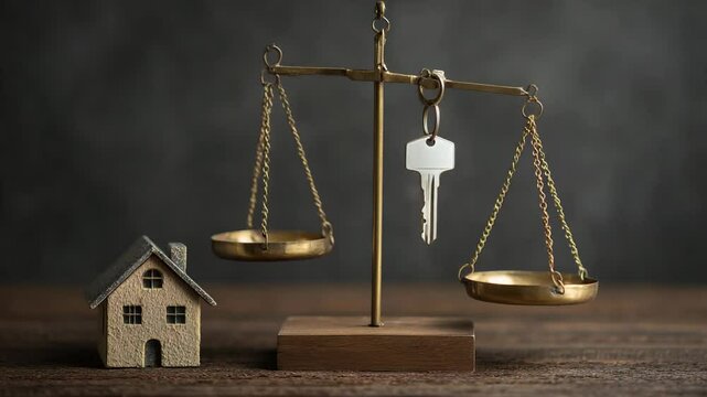 Golden Scales Balancing Miniature House and Keys on Wooden Table