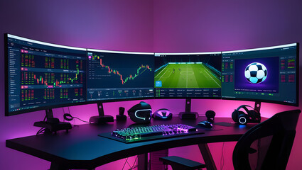 This high-resolution image captures a modern, high-tech trading room setup that doubles as a gaming workstation. The sleek black desk features four curved monitors
