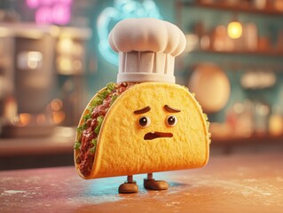 A stylized taco with an expression of distress in a cafe setting.