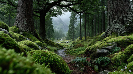 vibrant woodland landscape with tall moss-covered trees. A flowing stream cuts through the greenery, surrounded by scattered rocks and dense foliage